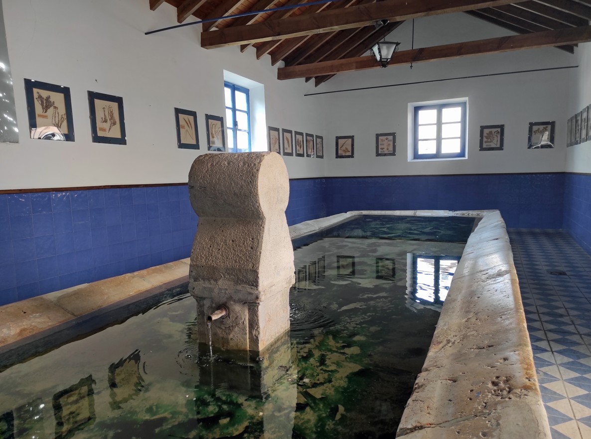 Interior of the covered washhouse, built in stone and recently restored. A single basin with a central fountain can be seen, together with wall decoration and a wooden roof.
