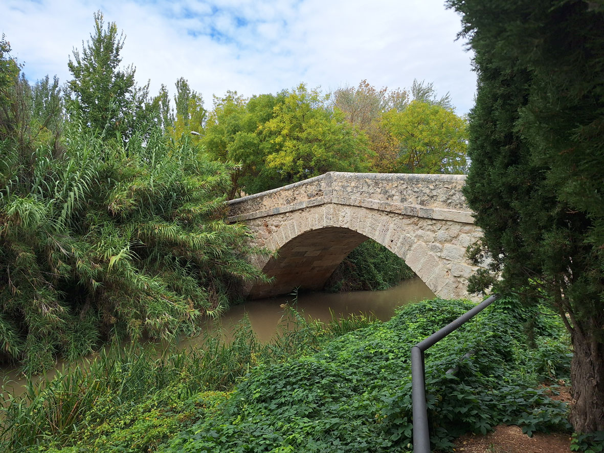 Frontal view of the stone bridge, built over a single large ashlar semicircular arch.