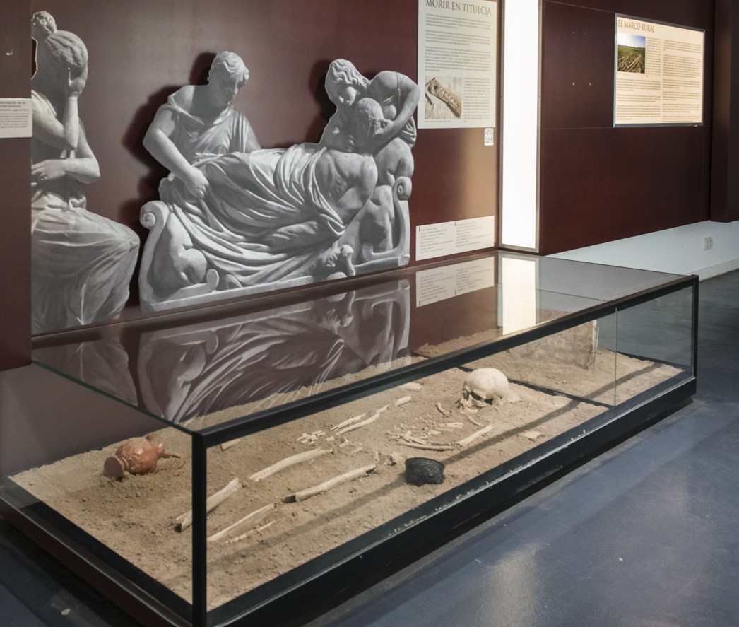 View of the interior of the Archaeological Interpretation Centre, where a representation of human remains in a glass urn and its interpretation can be seen.