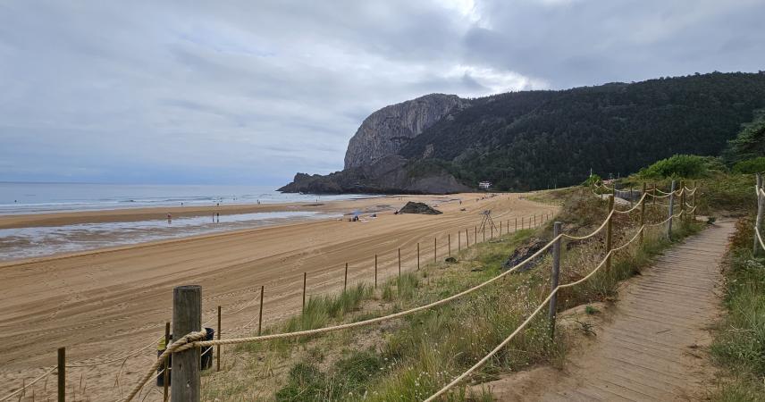 Foto de playa de arena dorada, el mar a la izquierda y a la derecha una zona de dunas, protegidas por postes de madera y cuerda. Al fondo un  gran peñón rocoso con arbolado