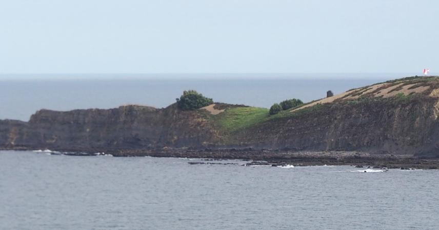 Foto de isla alargada de aspecto rocoso y abrupto con una zona verde en el centro y escaso arbolado.