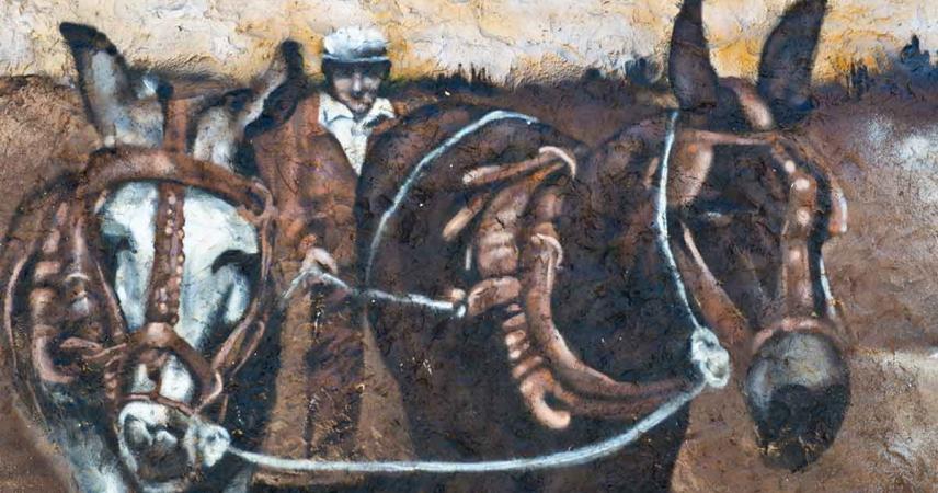 Peinture murale représentant un homme labourant avec deux mules