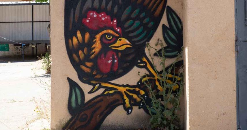 Peinture murale de deux coqs sur une branche