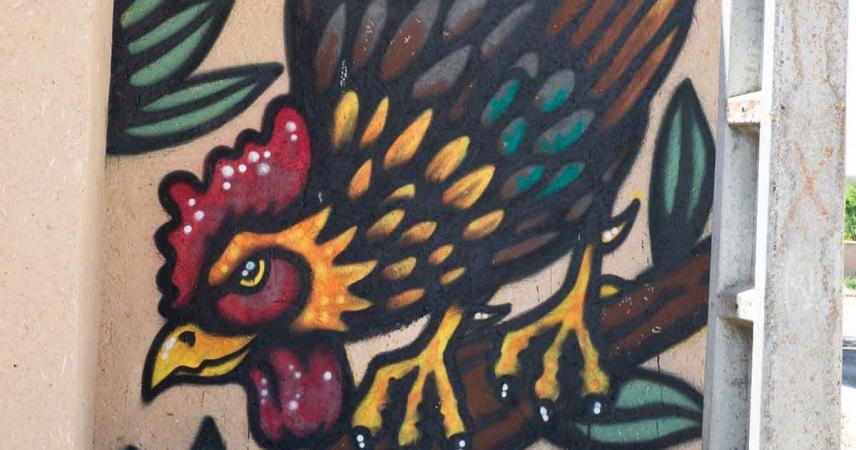 Peinture murale de deux coqs sur une branche