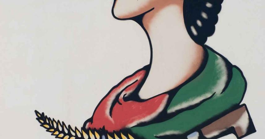 Peinture murale d&#39;une femme avec un chapeau dans les tons verts et rouges