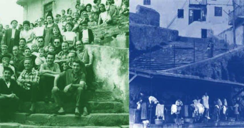 Imagen antigua de un grupo de hombres en el puerto viejo de Getxo